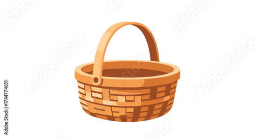 A woven wicker basket with a round shape and a curved handle.
