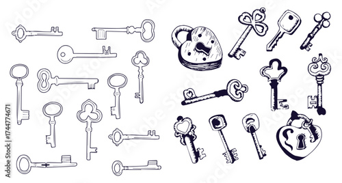 Vector set of hand-drawn antique keys. Illustration in sketch style on white background. Old design
