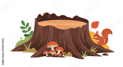 A detailed illustration of a tree stump with a squirrel and mushrooms.