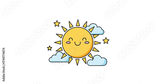 A cute cartoon sun shining brightly in the sky on a beautiful day.