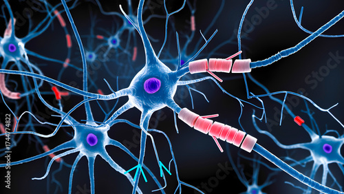 Nerve cells and myelin sheath. Neuron structure and impulse transmission.