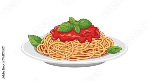 Delicious pasta with tomato sauce and fresh basil leaves.