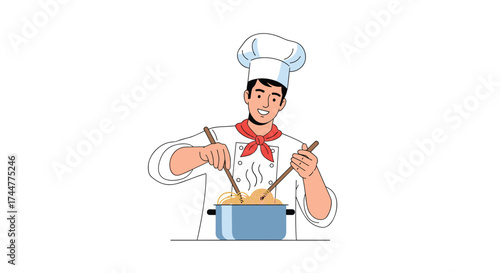 A smiling chef in a white uniform and hat prepares food in a pot using two spoons.