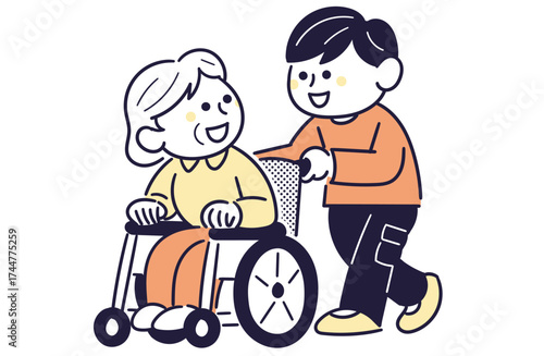 車いすを押して介護する優しい男の子と嬉しそうなおばあさん