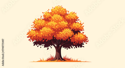 A vibrant autumnal tree with rich orange foliage stands tall on a light cream background.