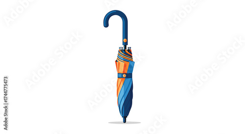 A colorful closed umbrella with a curved handle and vibrant fabric patterns.