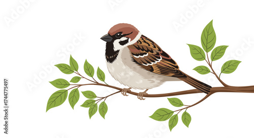 A small sparrow perches on a leafy branch.