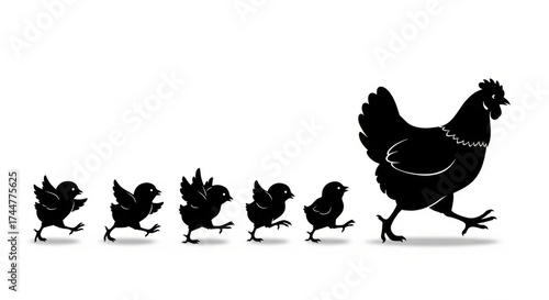 Silhouette of a mother hen walking with her chicks following her in a line on white backdrop