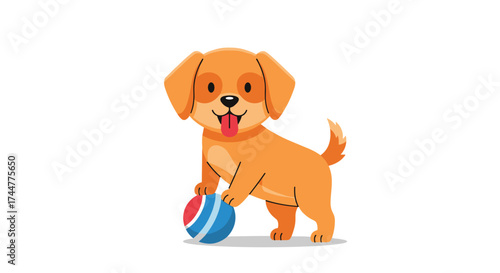 A happy golden retriever puppy plays with a colorful ball.