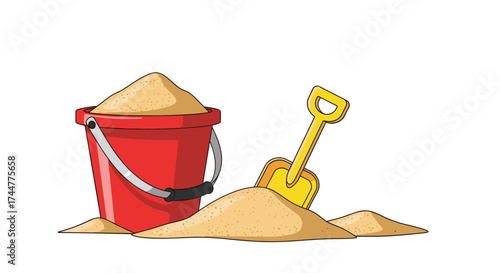 A red bucket and a yellow shovel in a pile of sand.