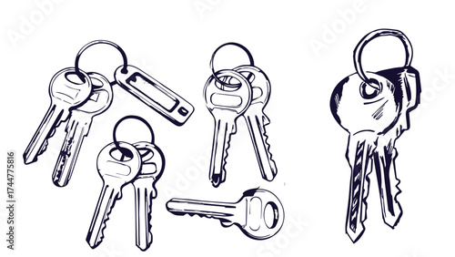 Vector set of hand-drawn antique keys. Illustration in sketch style on white background. Old design