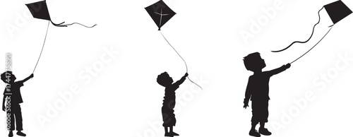 Silhouette of young boys flying kites in the sky, minimalist black and white vector illustration representing freedom, happiness, childhood memories, outdoor fun, and the beauty of simple joyful momen