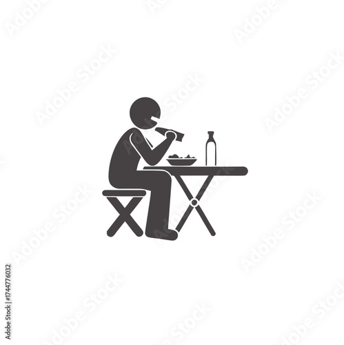 Eating food in a restaurant icon. Eating and drinking pictogram. Eating breakfast vector. Stick figure black and white boy set posture. Simple silhouette structure icon.


