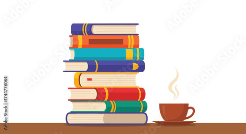 A stack of books rests beside a steaming cup of coffee.
