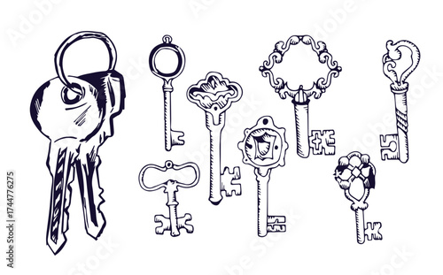 Vector set of hand-drawn antique keys. Illustration in sketch style on white background. Old design