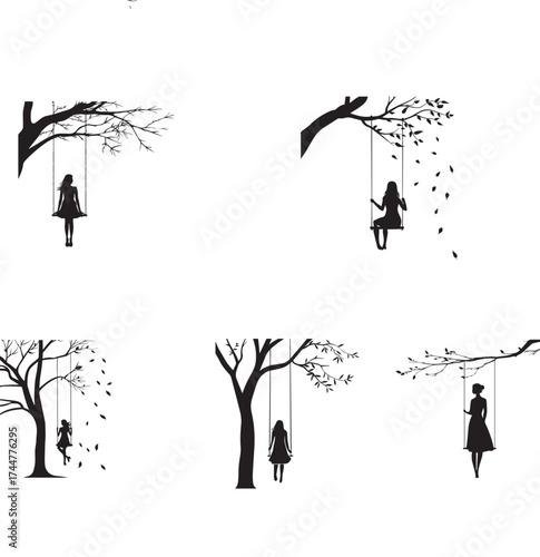 Silhouette of young girls sitting and swinging under bare trees in autumn wind, minimalist black and white vector illustration symbolizing childhood memories, solitude, peace, and nostalgia