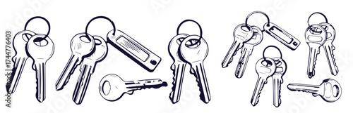 Vector set of hand-drawn antique keys. Illustration in sketch style on white background. Old design