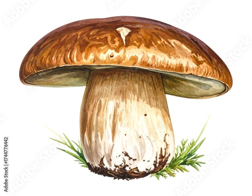 Detailed watercolor illustration of a porcini mushroom