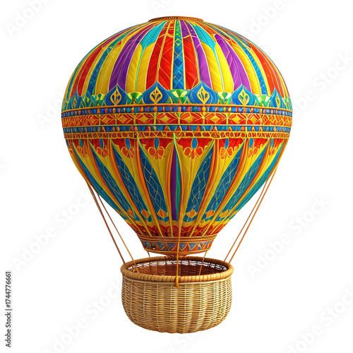 Intricate hot air balloon with vibrant colors and wicker basket below