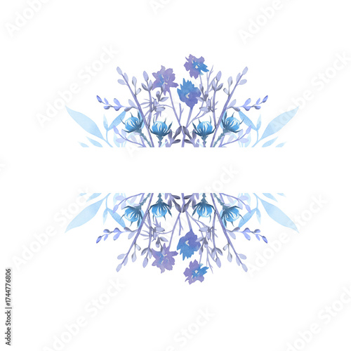 A bouquet of simple blue flowers. Winter, cool blue tones. Watercolor.