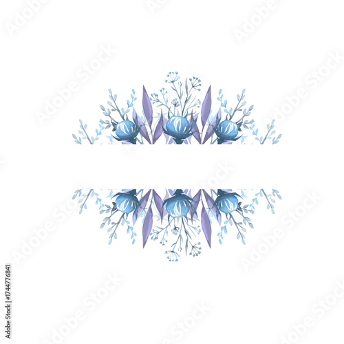 A bouquet of simple blue flowers. Winter, cool blue tones. Watercolor.