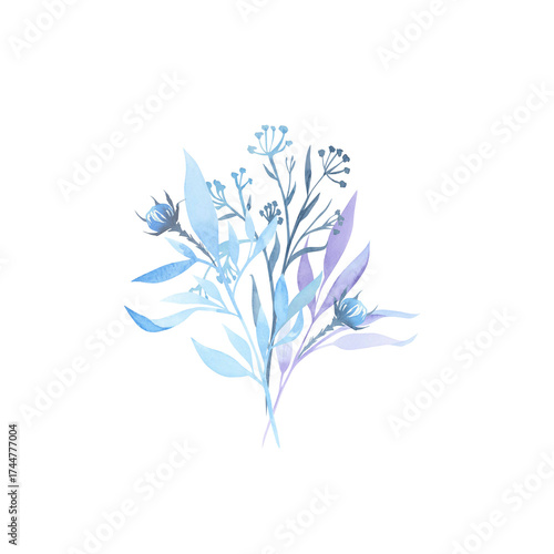 A bouquet of simple blue flowers. Winter, cool blue tones. Watercolor.
