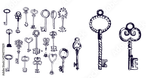 Vector set of hand-drawn antique keys. Illustration in sketch style on white background. Old design