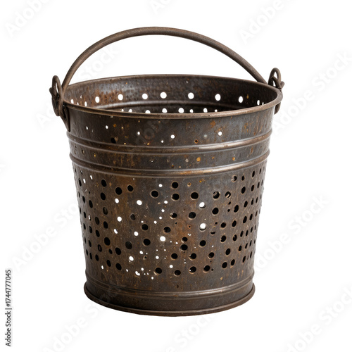 Rusty old bucket with holes and metal handle on a black background