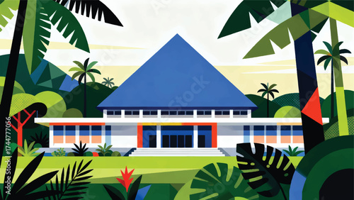 Illustration Of The Congress Building With A Blue Triangular Roof And Tropical Trees Vector Design Template