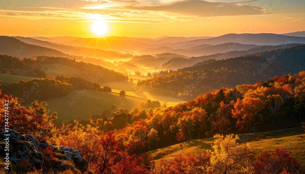 Naklejka premium Sunrise Over Rolling Hills With Autumn Foliage in Golden Light Natural Landscape Mountain Range Scenic View With Foggy Valleys And Vibrant Color
