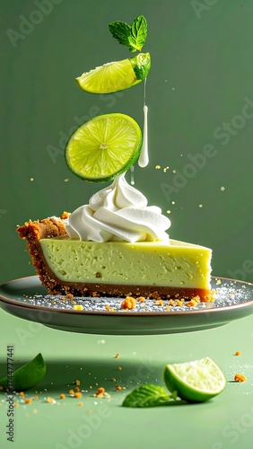 Lime cheesecake slice, with whipped cream and limes, levitating
