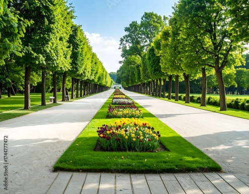 Scenic perspective of a manicured park walkway with flowers