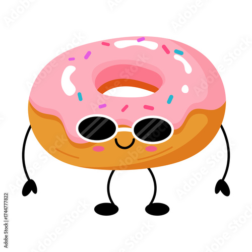 Kawaii pink donut character with sunglasses cartoon style