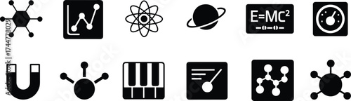 Black and white science and technology icon set featuring atomic models, data graphs, instruments, and space symbols in vector style