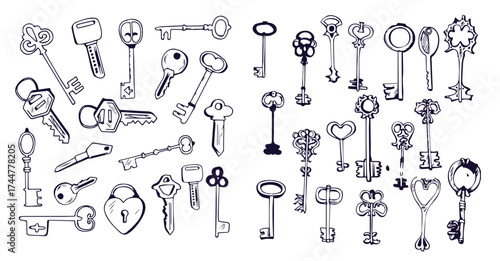 Vector set of hand-drawn antique keys. Illustration in sketch style on white background. Old design