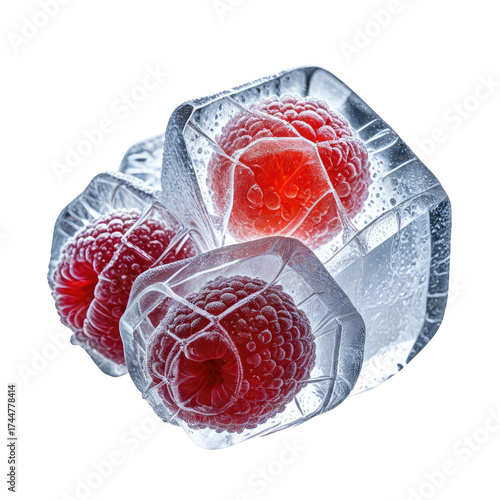 Raspberries frozen inside clear ice cubes on a dark background