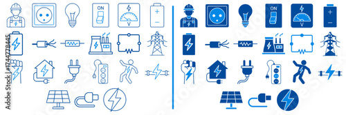 Energy Icons: A diverse set of vector energy icons, elegantly designed in shades of blue, encompasses the power of electricity and its various applications.