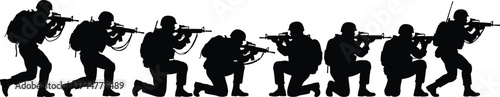 Soldier silhouette set, tactical shooting poses, rifle aim formation, military squad graphic, black vector, bold, clean, isolated, combat stance
