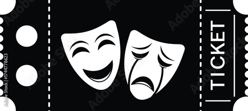 Black and white theater ticket illustration featuring comedy and tragedy masks, perforated edges, and bold typography in vector style