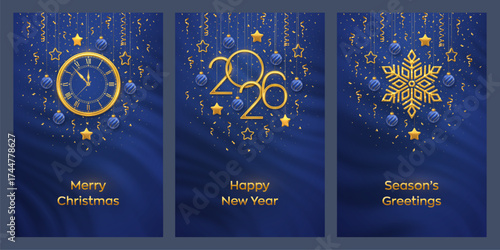 Christmas card set. Happy New Year 2026. Gold numbers 2026, snowflake, watch with Roman numeral and countdown midnight, eve for New Year. Hanging stars, baubles on blue background. Vector illustration