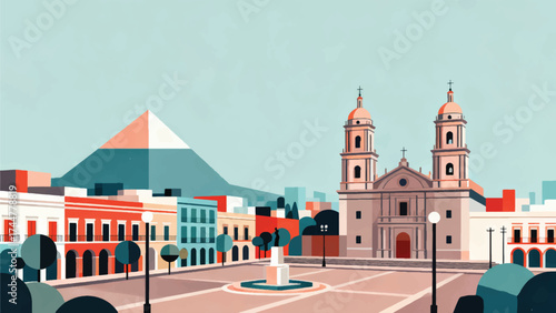Illustration Of Plaza Barrios With The Metropolitan Cathedral And The Volcano In The Distance Vector Design Template