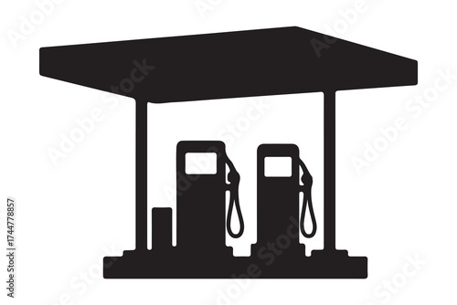Black and White Gas Station Silhouette Illustration Graphic Design Element Vector for Web Design and Print Material Gas Pumps and Canopy