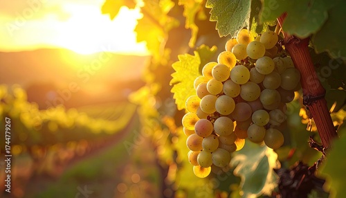 Sunlit Vineyard Cluster at Sunset with Warm Golden Hues and Rows of Grapevines in Soft Focus