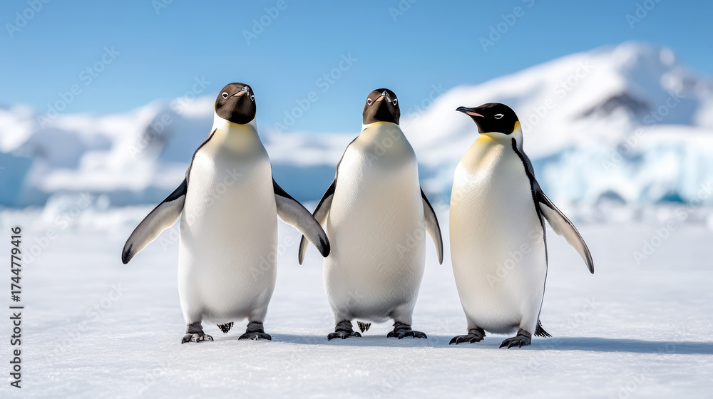 Obraz premium Three penguins standing together on icy landscape, showcasing their unique features and charm