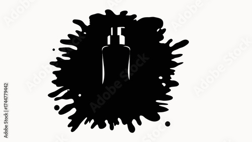Black silhouette of a lotion bottle surrounded by a black ink splatter on a white background