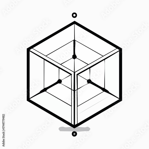 Isometric view of a cube with internal lines, dots, and a shadow, presented on a white background.