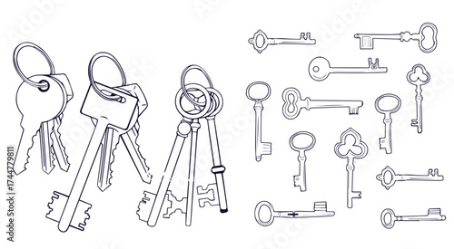 Vector set of hand-drawn antique keys. Illustration in sketch style on white background. Old design