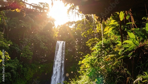 Sunlit Waterfall in Lush Tropical Paradise
