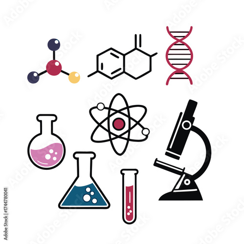 Chemistry icon set. Various colour isolated laboratory science icons. Dna chain, microscope, lab flask molecule and atom symbols. Science laboratory icons on white background ,illustration icon

