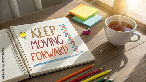 Inspirational workspace scene with a notebook, colorful sticky notes, coffee cup, and motivational message in sunlight